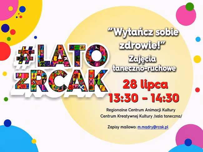 Plakat zapraszający na zajęcia taneczne w dniu 28 lipca 2026.
